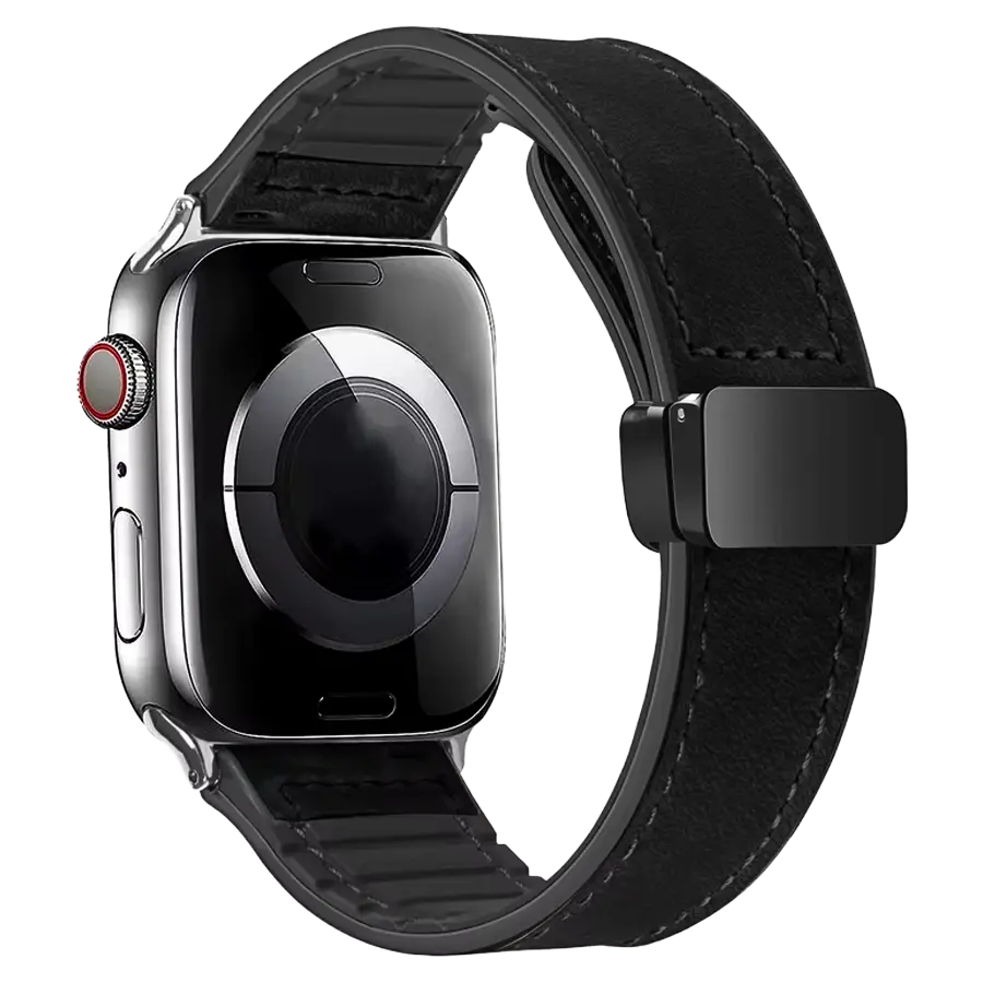 Aura Leder Apple Watch Armband in Schwarz, Ansicht von der Uhrenrückseite