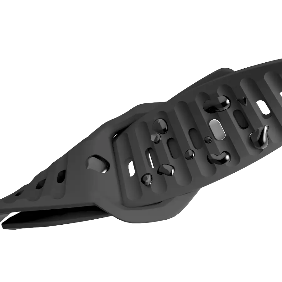 Detailaufnahme des schwarzen Loopéa Apple Watch Armbands mit Wasserperlen – zeigt die wasserabweisende Oberfläche aus Flüssigsilikon. Ideal für sportliche Träger:innen in Deutschland, Österreich und der Schweiz – robust, langlebig und perfekt für Alltag und Training.
