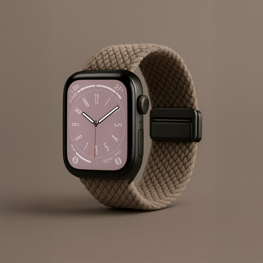 Arqura Apple Watch Armband in Taupe – elegantes, gewebtes Nylonband mit schwarzem Magnetverschluss, perfekt für urbane Looks in Hamburg, München oder Zürich. Modernes Design trifft auf hohen Tragekomfort für Alltag, Büro und Freizeit.