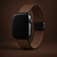 Aura Leder Apple Watch Armband in Braun mit schwarzem Magnet-Faltverschluss