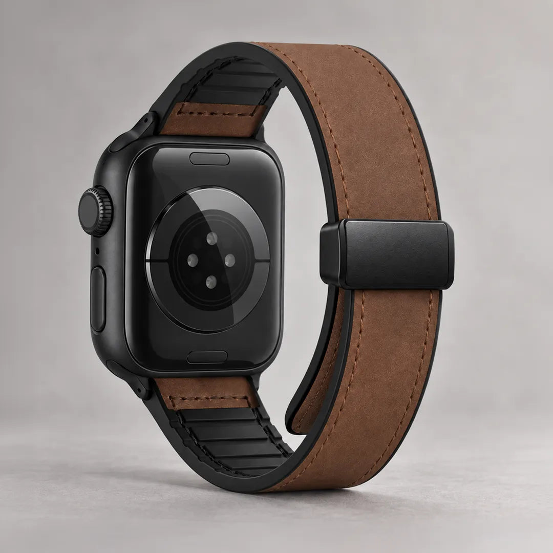 Aura Leder Apple Watch Armband in Braun mit schwarzem Magnetverschluss, Ansicht von hinten