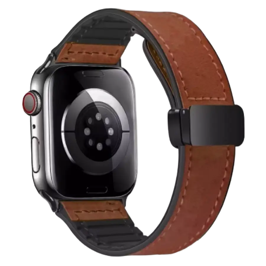 Aura Leder Apple Watch Armband in Braun mit schwarzer Innenseite und Magnetverschluss