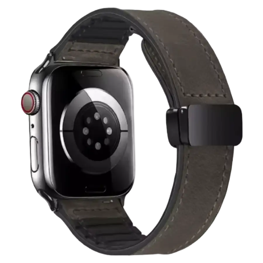 Aura Leder Apple Watch Armband in Grau mit schwarzem Magnetverschluss, Blick auf die Uhrenrückseite