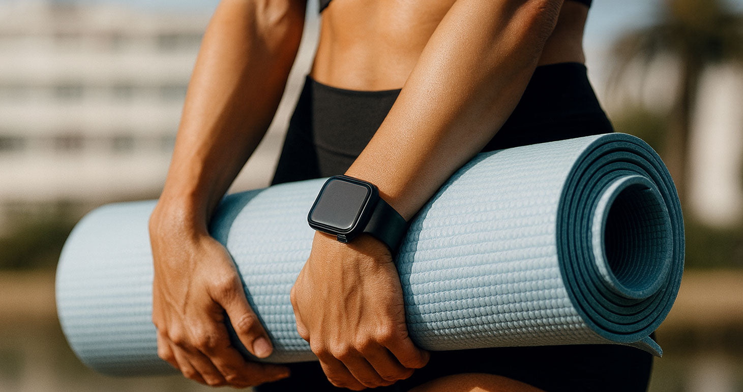 Sportlich gekleidete Person hält eine zusammengerollte, hellblaue Yogamatte im Arm. Am Handgelenk trägt sie eine schwarze Apple Watch mit Silikonarmband. Der Hintergrund ist unscharf, erkennbar sind Gebäude und eine Palme im Freien.