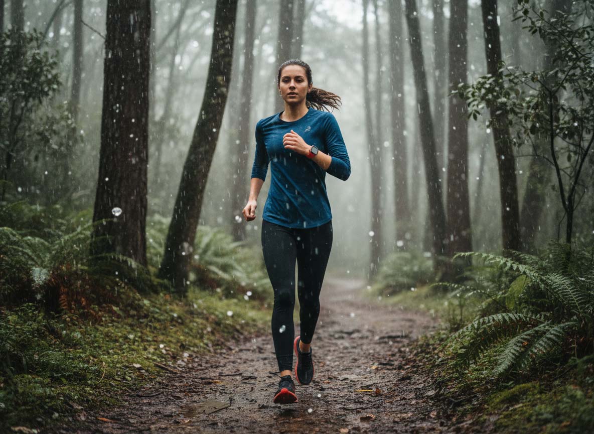 Frau joggt im Regen durch einen Wald in Deutschland und trägt dabei ein rotes Loopéa Apple Watch Armband – ideal für sportliche Aktivitäten bei jedem Wetter. Perfekt für Outdoor-Training, Fitness in der Natur und Apple Watch Zubehör von miiwatch.