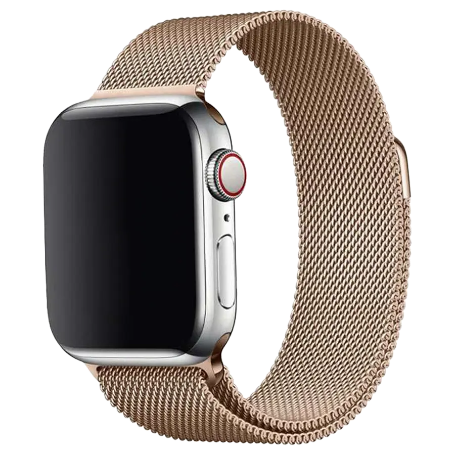 Apple Watch mit dem Véloire Milan Armband in edlem Champagne Gold. Feines Edelstahlgeflecht mit magnetischem Verschluss, elegant und stilvoll für Business und Alltag. Kompatibel mit allen Apple Watch Modellen.
