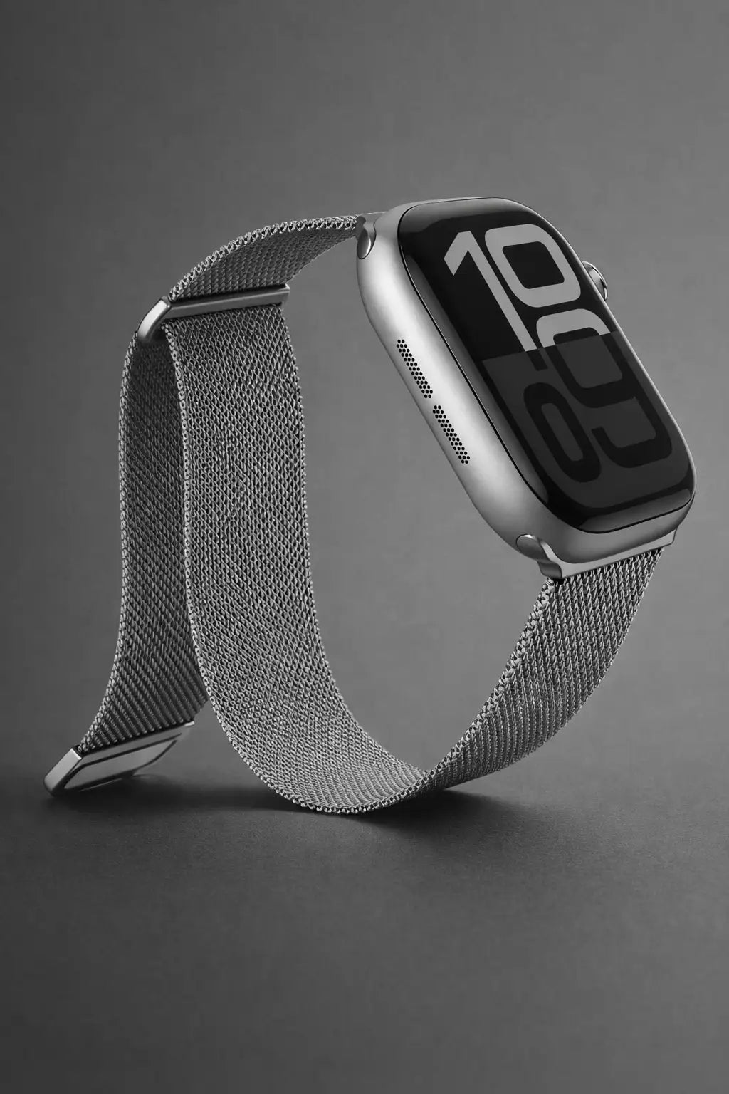 Detailaufnahme eines silberfarbenen Edelstahlgeflecht Armbands