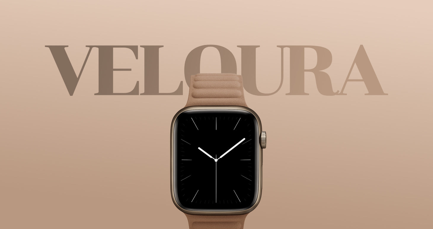 Apple Watch mit taupefarbenem, strukturiertem Armband-Modell „Veloura“ von miiwatch. Die Uhr zeigt ein minimalistisches Ziffernblatt mit weißem Sekunden-, Minuten- und Stundenzeiger. Im Hintergrund steht der Markenname „VELOURA“ in Großbuchstaben auf einem beigefarbenen Farbverlauf.
