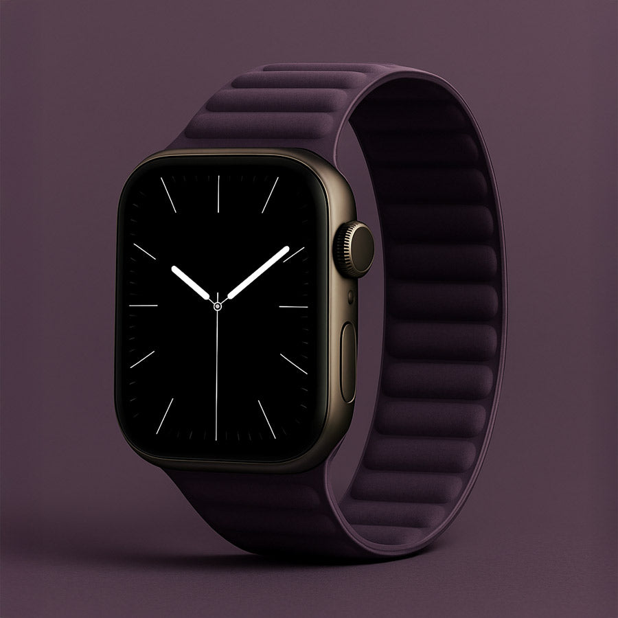 Apple Watch mit lilafarbenem, strukturiertem Armband-Modell „Veloura“ von miiwatch. Die Uhr zeigt ein minimalistisches Ziffernblatt mit weißem Sekunden-, Minuten- und Stundenzeiger. Im Hintergrund steht der Markenname „VELOURA“ in Großbuchstaben auf einem lilafarbenen Farbverlauf.